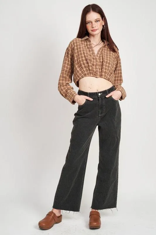 Cropped Button Up Shirt With Elastic Waistband