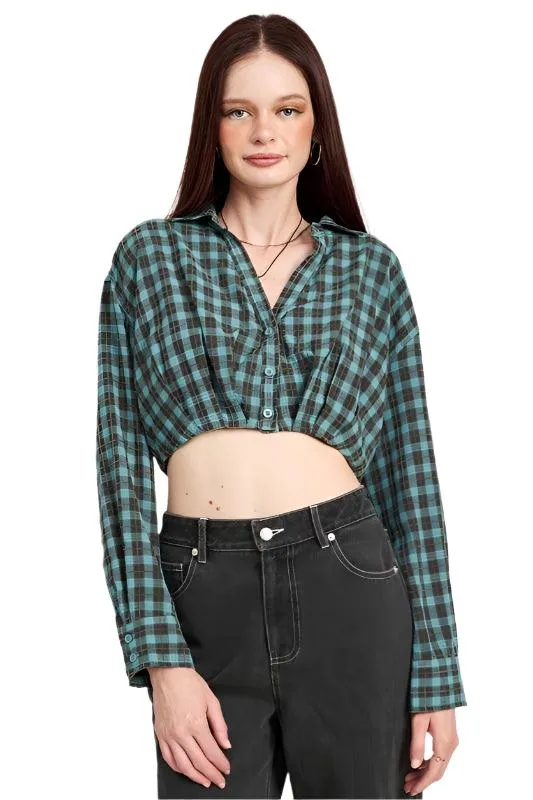 Cropped Button Up Shirt With Elastic Waistband