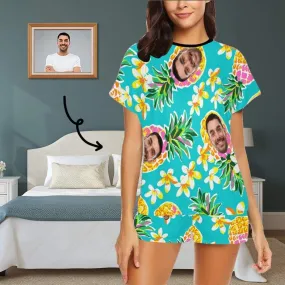 Custom Face Pajamas Green Pineapple Summer Loungewear Personalized Women's Short Pajama Set