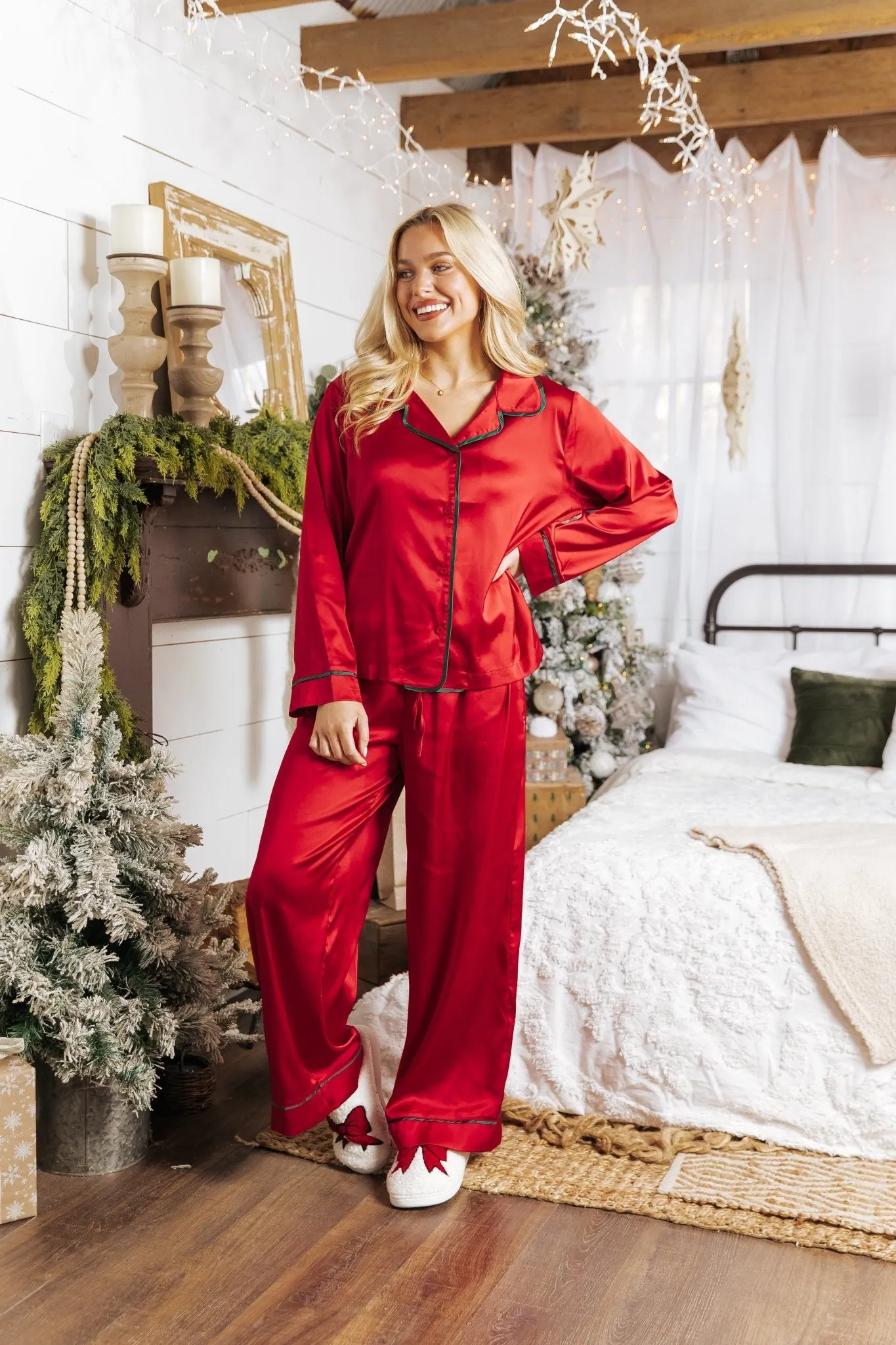 Dreamy Red and Green Satin Pajama Set