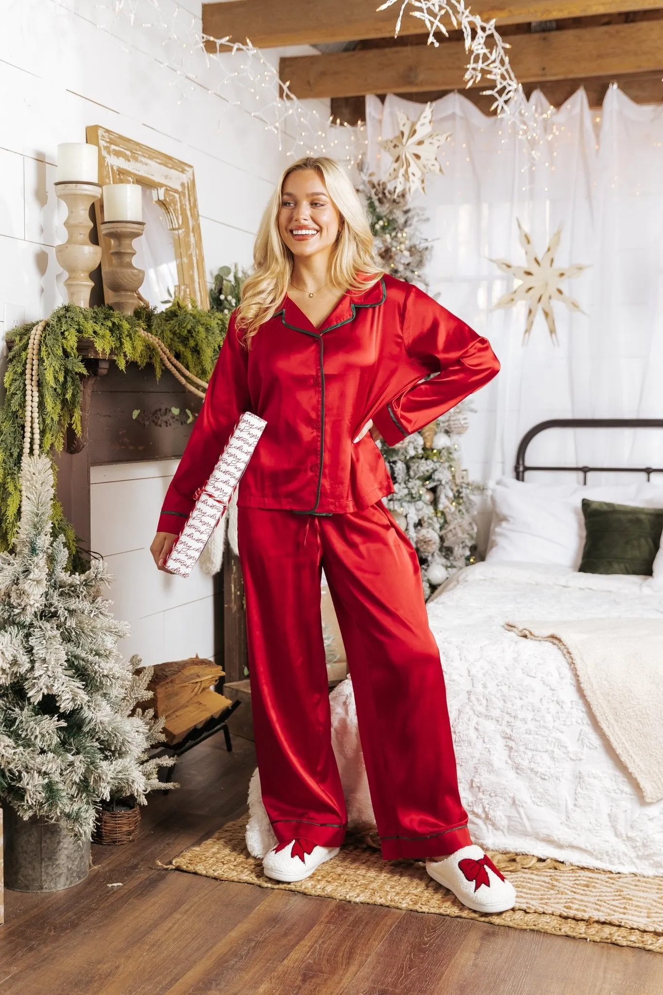 Dreamy Red and Green Satin Pajama Set