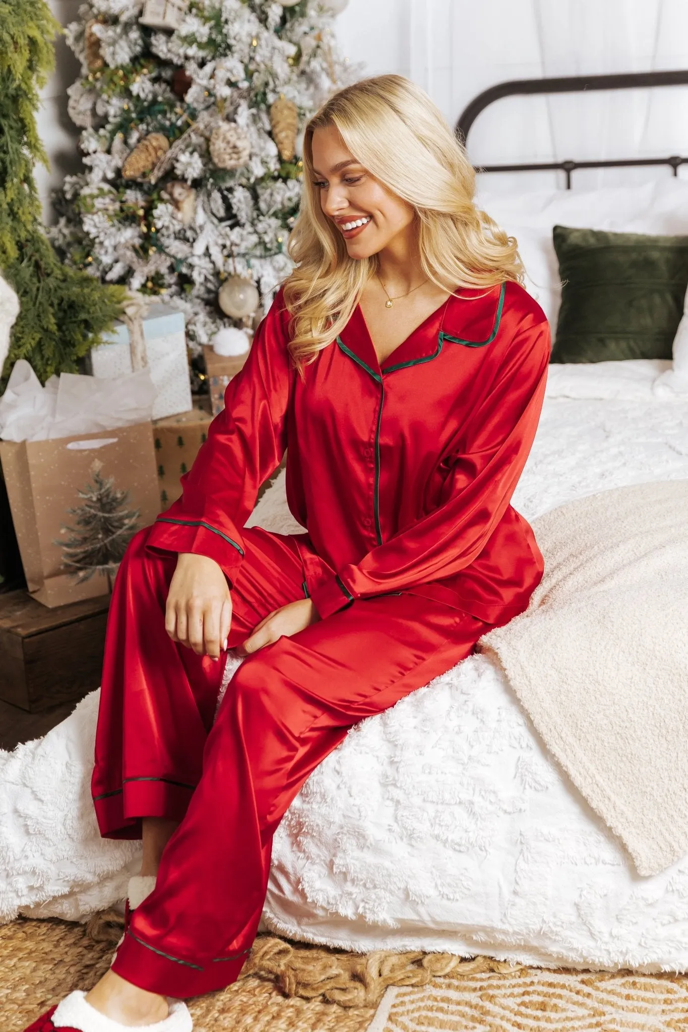 Dreamy Red and Green Satin Pajama Set