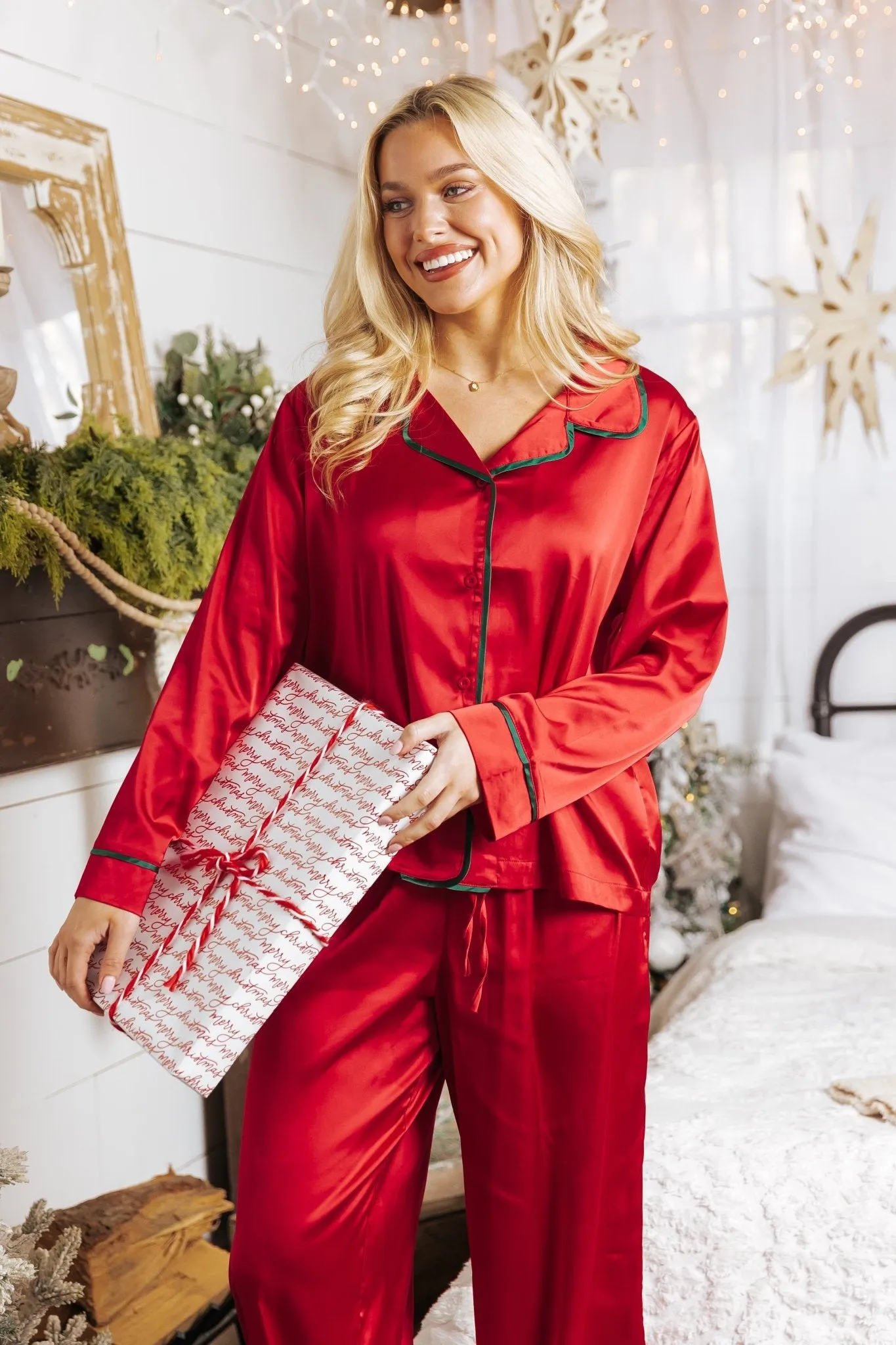 Dreamy Red and Green Satin Pajama Set