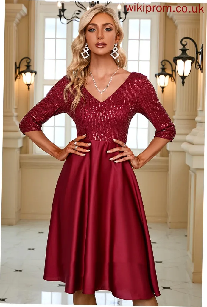 Dresses Satin Sequins Sleeves Halle V-Neck Midi Elegant Club Dresses 3/4 A-line