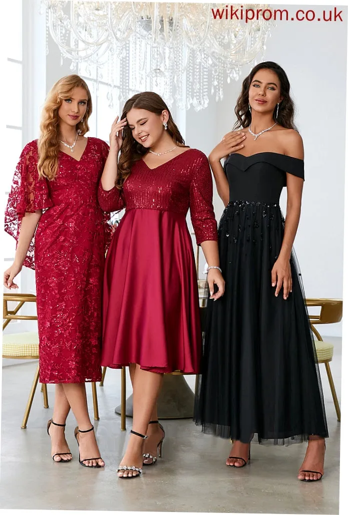 Dresses Satin Sequins Sleeves Halle V-Neck Midi Elegant Club Dresses 3/4 A-line