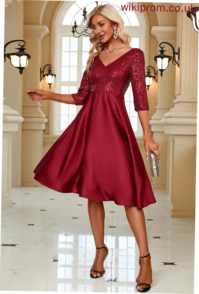 Dresses Satin Sequins Sleeves Halle V-Neck Midi Elegant Club Dresses 3/4 A-line