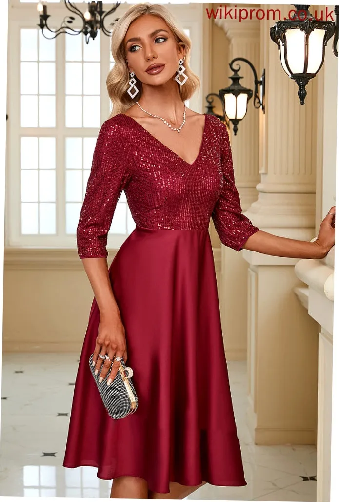 Dresses Satin Sequins Sleeves Halle V-Neck Midi Elegant Club Dresses 3/4 A-line