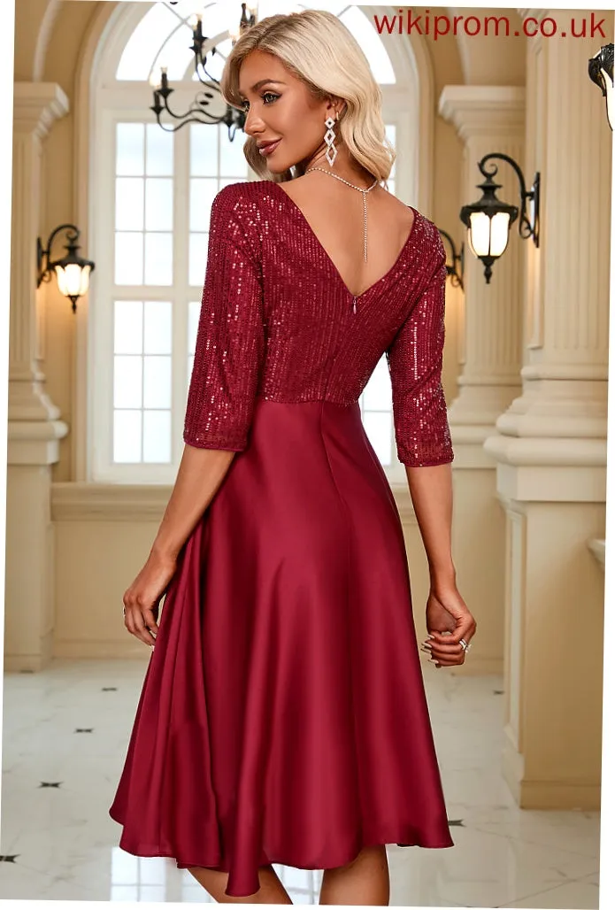 Dresses Satin Sequins Sleeves Halle V-Neck Midi Elegant Club Dresses 3/4 A-line