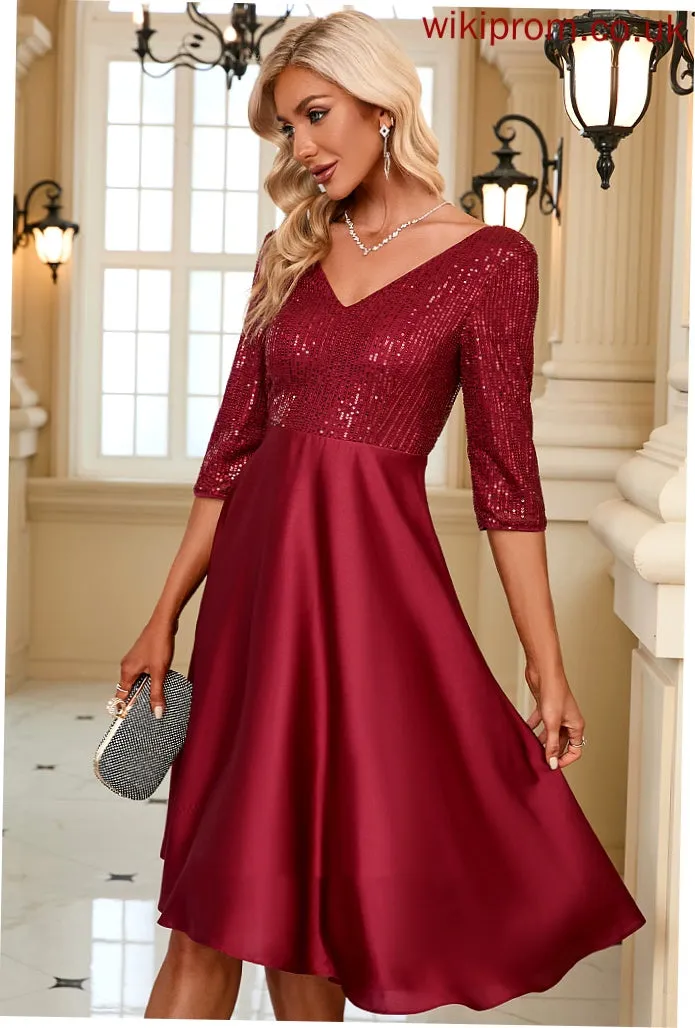 Dresses Satin Sequins Sleeves Halle V-Neck Midi Elegant Club Dresses 3/4 A-line