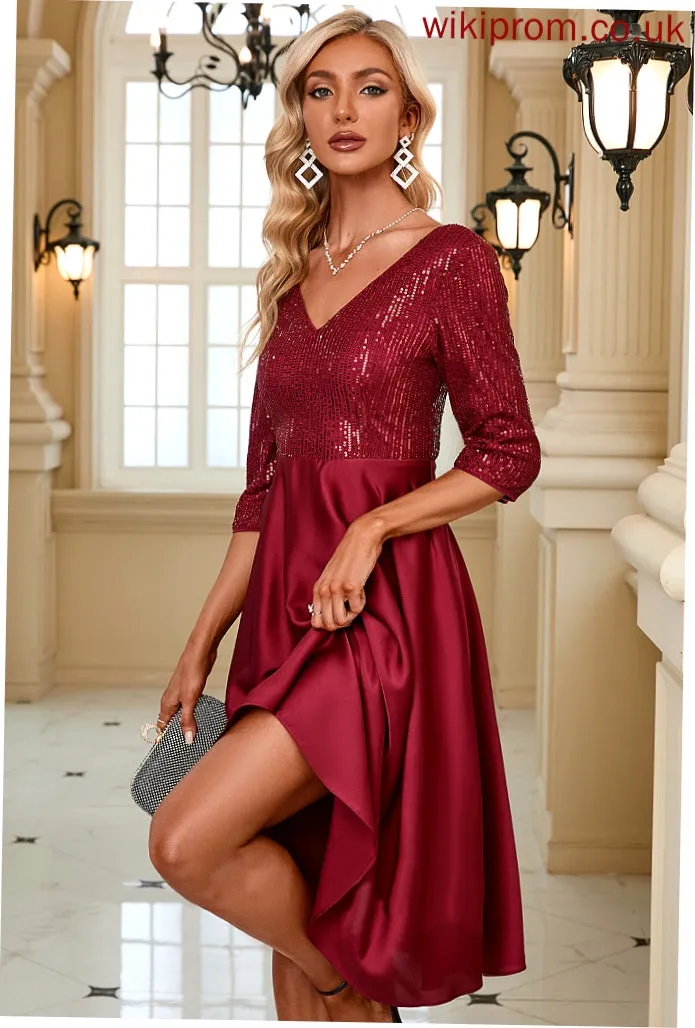 Dresses Satin Sequins Sleeves Halle V-Neck Midi Elegant Club Dresses 3/4 A-line