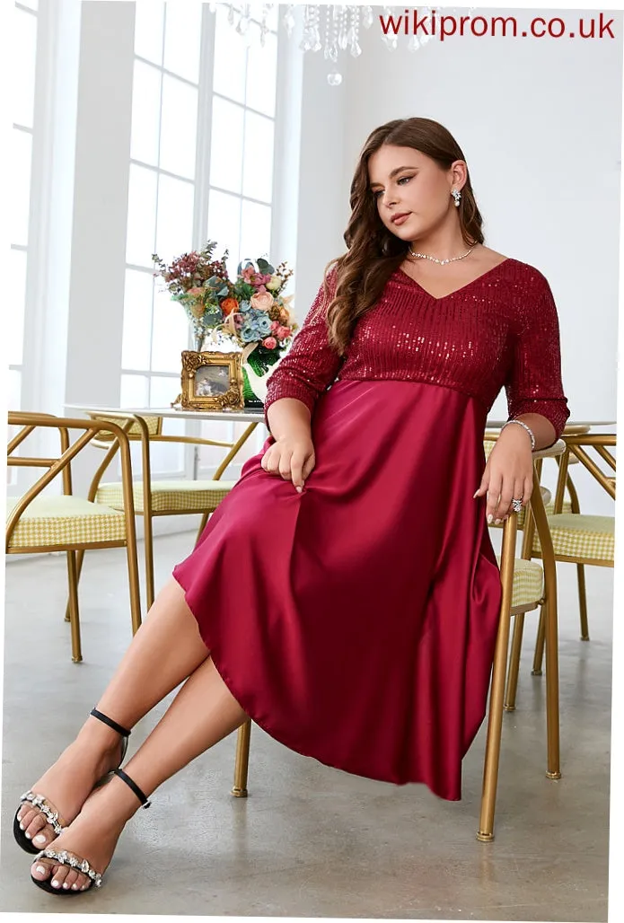 Dresses Satin Sequins Sleeves Halle V-Neck Midi Elegant Club Dresses 3/4 A-line