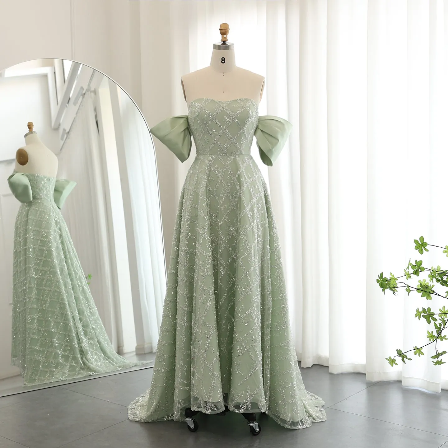 Elegant A-line Sage Green Off Shoulder Evening Dress SS427