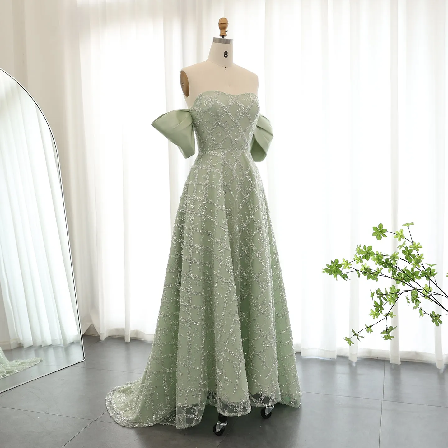 Elegant A-line Sage Green Off Shoulder Evening Dress SS427