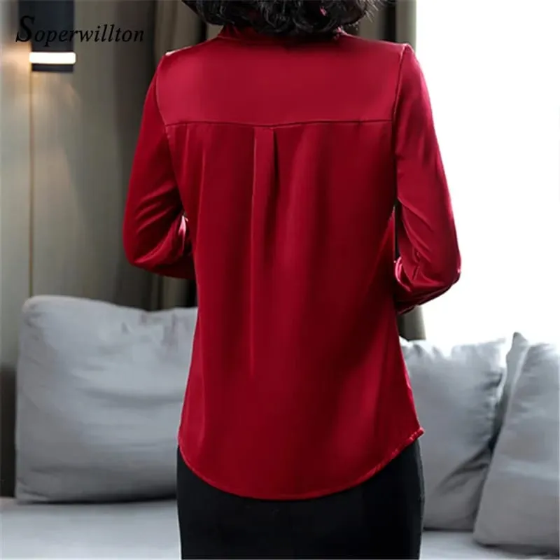 Elegant Slik Blouse Long Sleeve Satin Women Shirts Ladies Tops autumn spring Female vintage Blouses Plus Size Women Tops 2XL X4914790