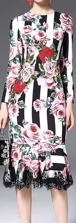 Floral & Stripe Brocade Lace-Trim Long-Sleeve Midi Dress