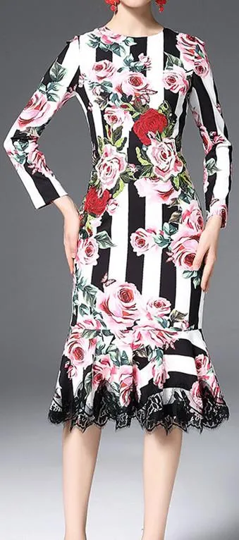 Floral & Stripe Brocade Lace-Trim Long-Sleeve Midi Dress