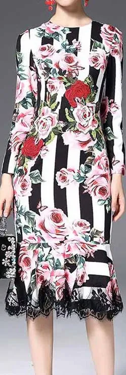 Floral & Stripe Brocade Lace-Trim Long-Sleeve Midi Dress