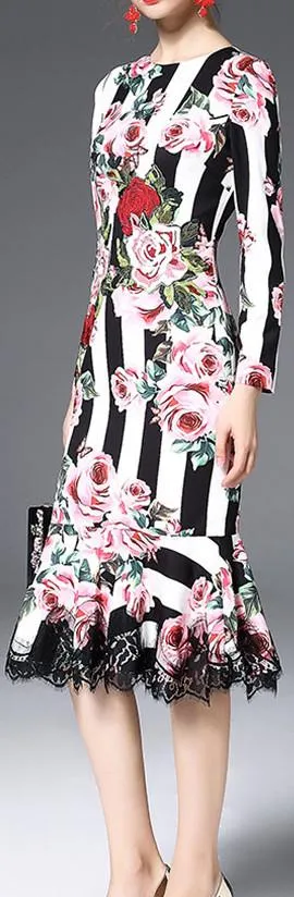 Floral & Stripe Brocade Lace-Trim Long-Sleeve Midi Dress