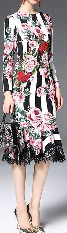 Floral & Stripe Brocade Lace-Trim Long-Sleeve Midi Dress