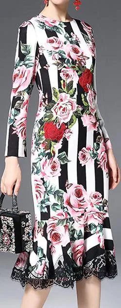 Floral & Stripe Brocade Lace-Trim Long-Sleeve Midi Dress