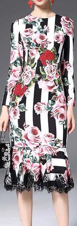 Floral & Stripe Brocade Lace-Trim Long-Sleeve Midi Dress