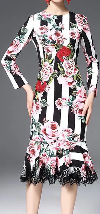 Floral & Stripe Brocade Lace-Trim Long-Sleeve Midi Dress