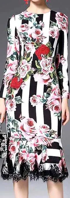 Floral & Stripe Brocade Lace-Trim Long-Sleeve Midi Dress