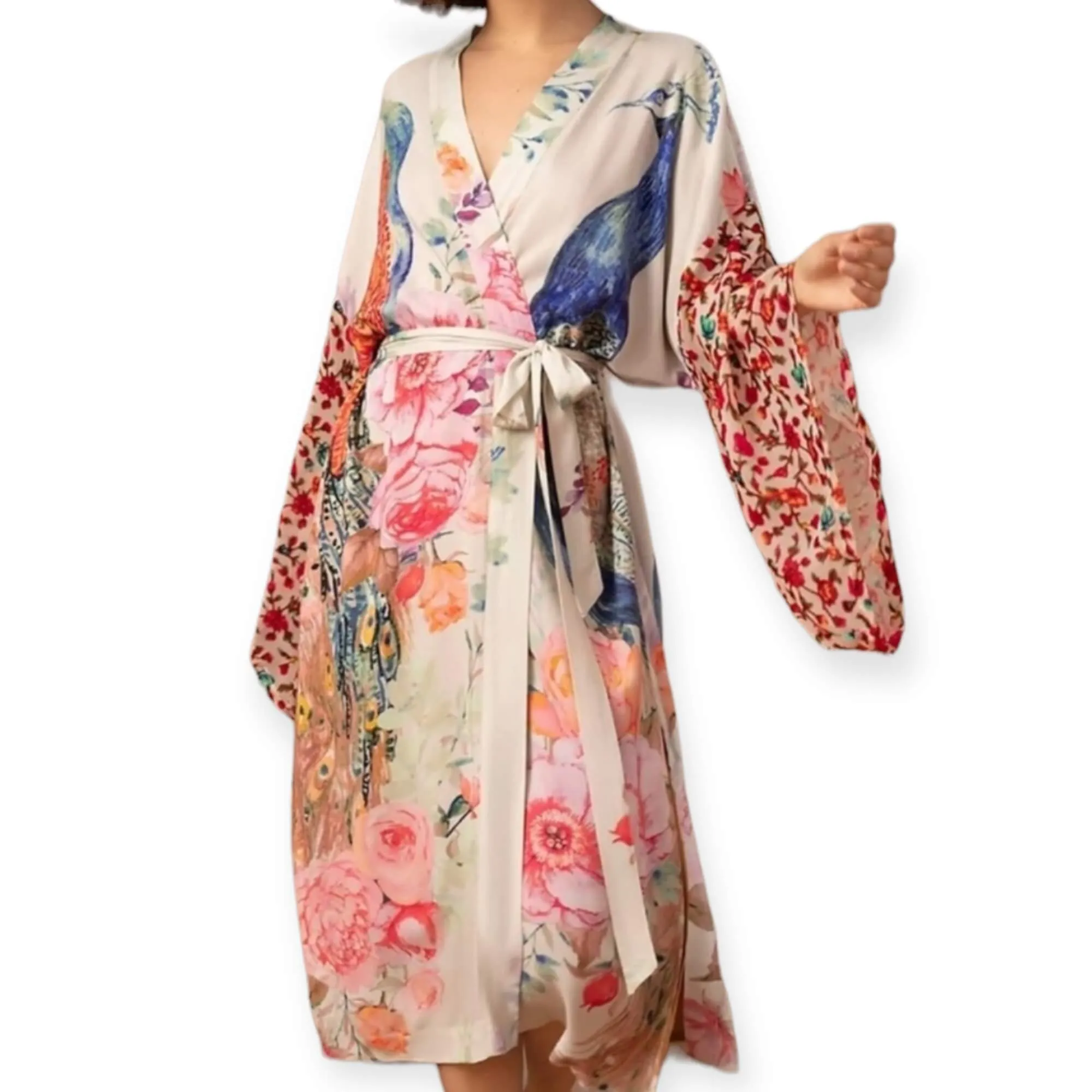 Floral Peacock Bird Kimono Robe