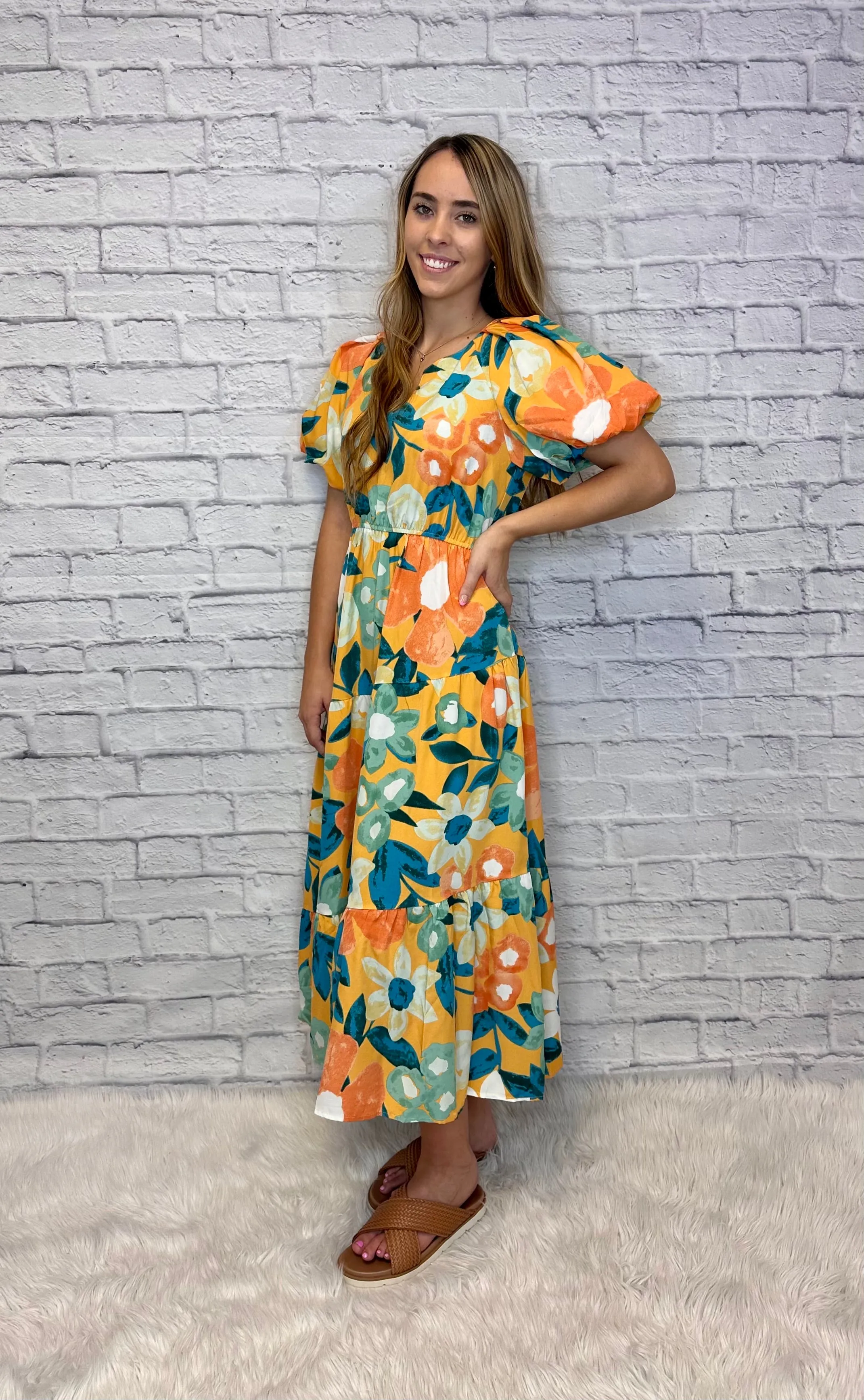 Floral Print Midi Dress w/Puff Sleeves