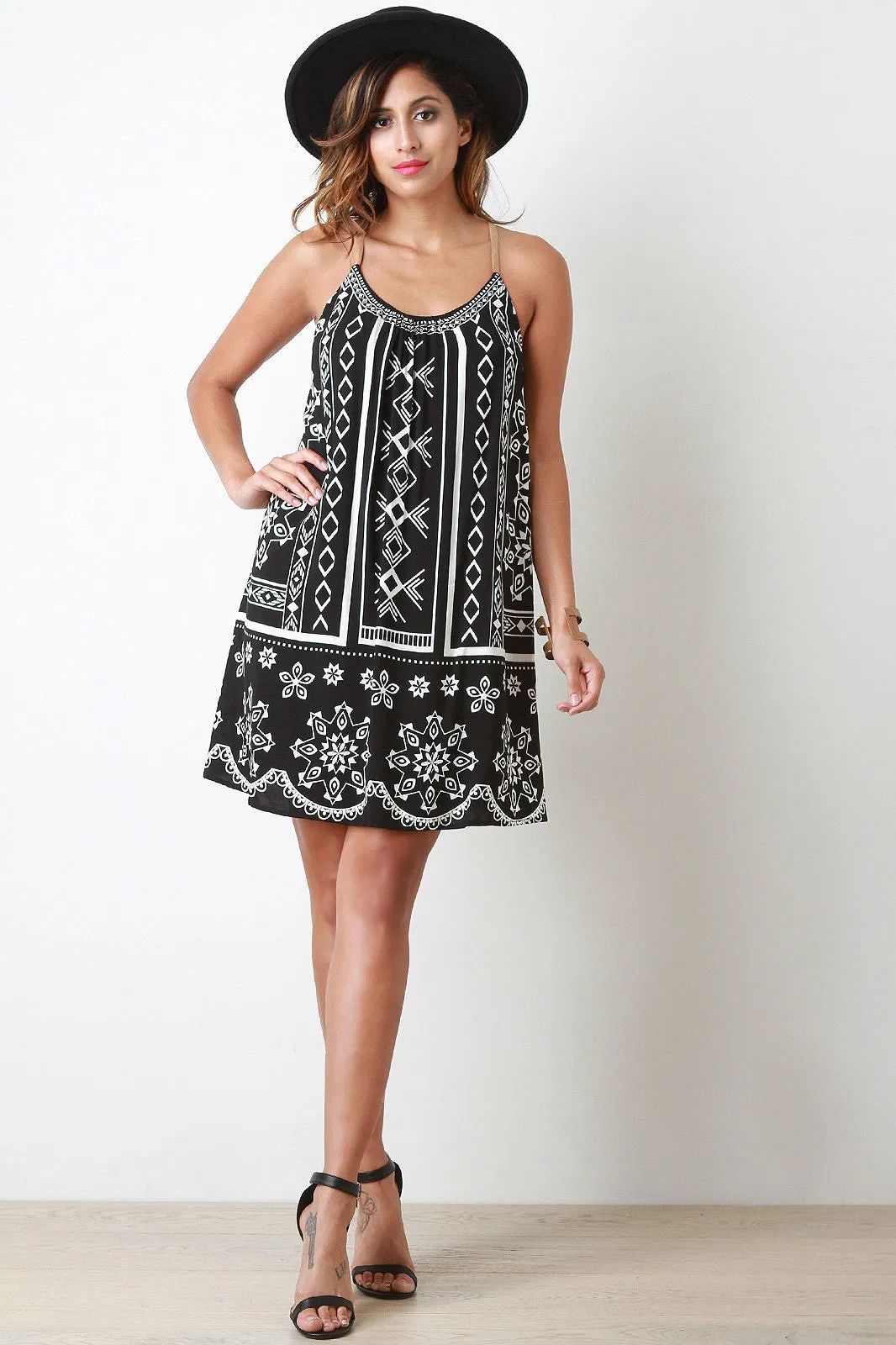 Geo Print Strappy-Back Sleeveless Shift Dress