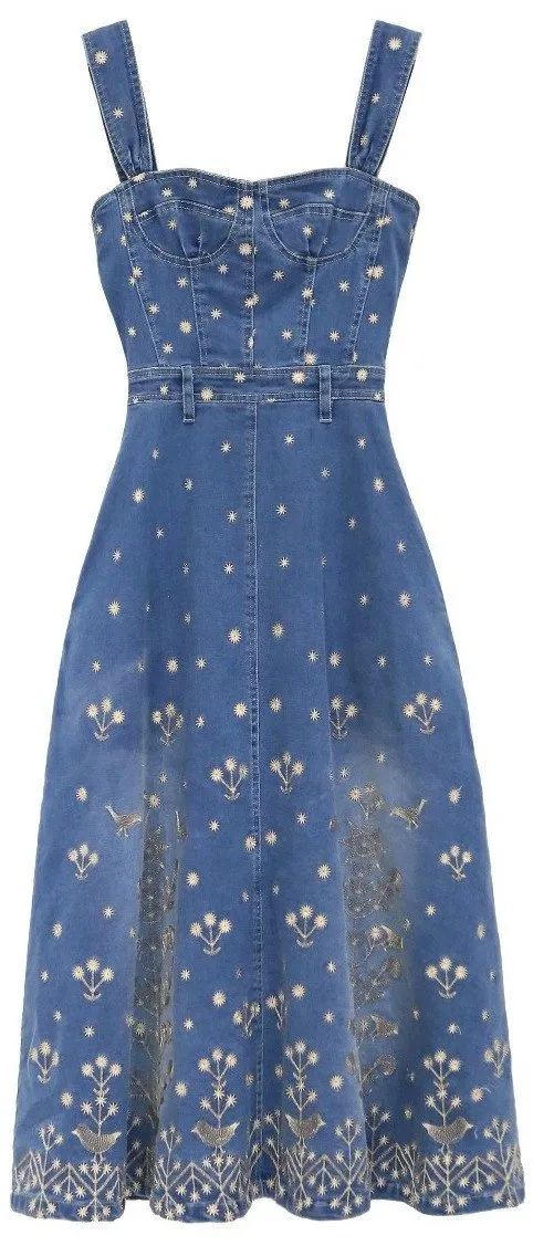 Gold-Embroidered Denim Midi Dress