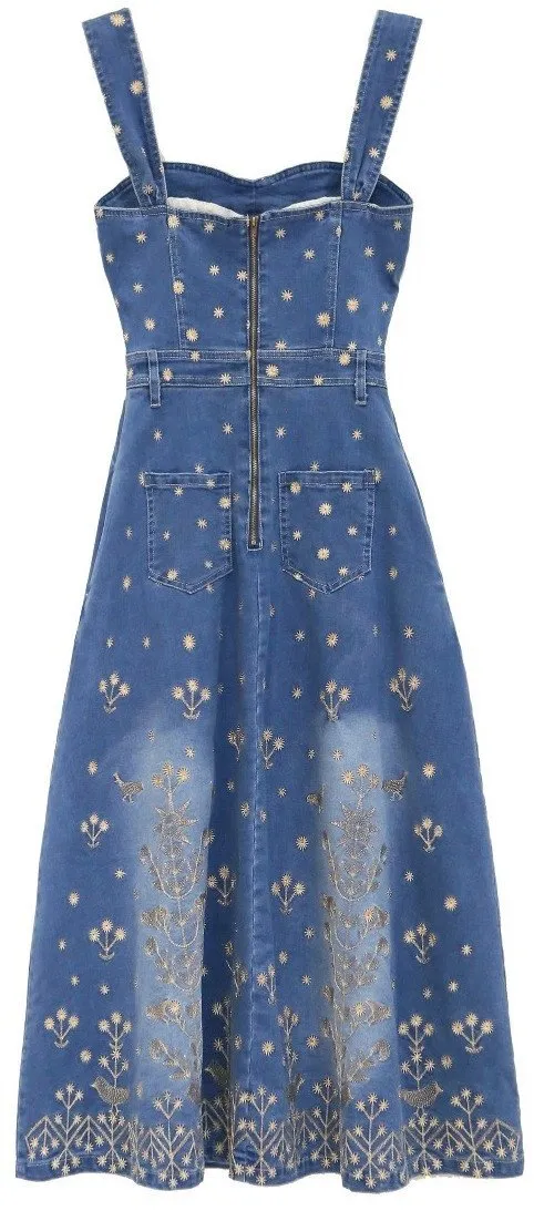 Gold-Embroidered Denim Midi Dress