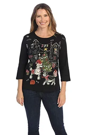 Jess & Jane - Holiday Trails, 3/4 Sleeve Scoop Neck Black Print Women's Cotton Top