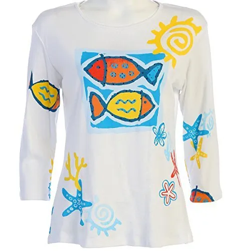 Jess & Jane - Tropical Fish, 3/4 Sleeve Scoop Neck Women's Cotton Print Top