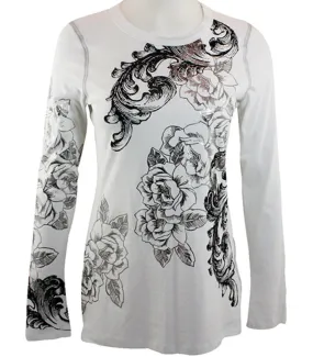 Karen Kane - Metallic Tee, Floral Foil Print, Long Sleeve, Round Neck Top