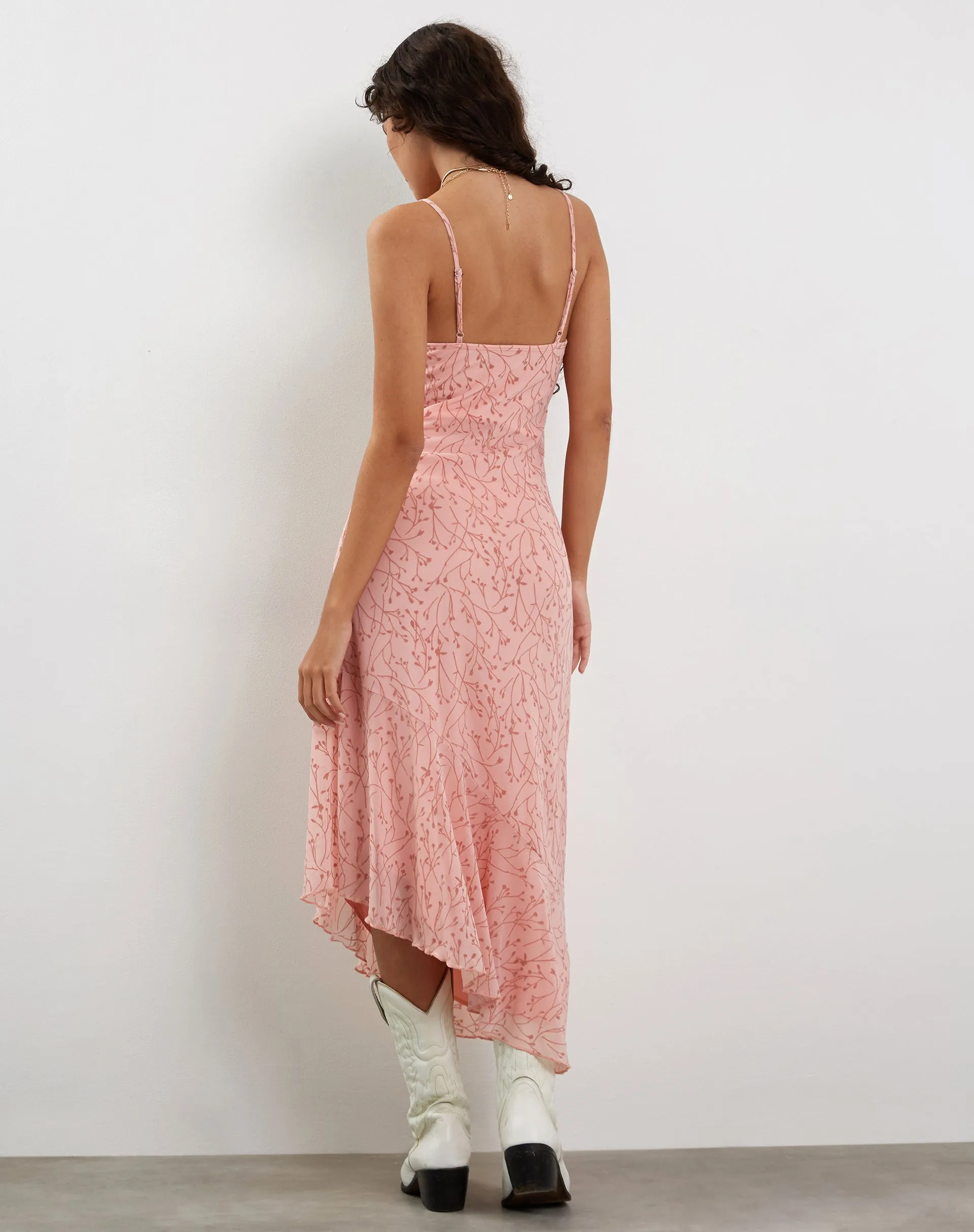 Kavala Asymmetric Midi Dress in Shadow Floral Pink