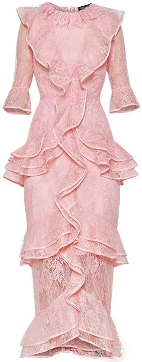 Lace Ruffle Midi Dress, Pink