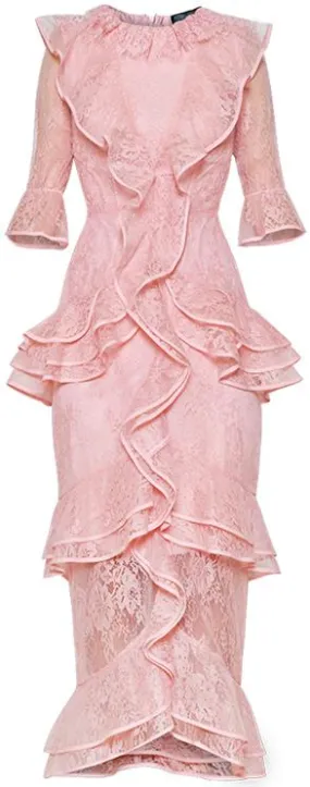 Lace Ruffle Midi Dress, Pink