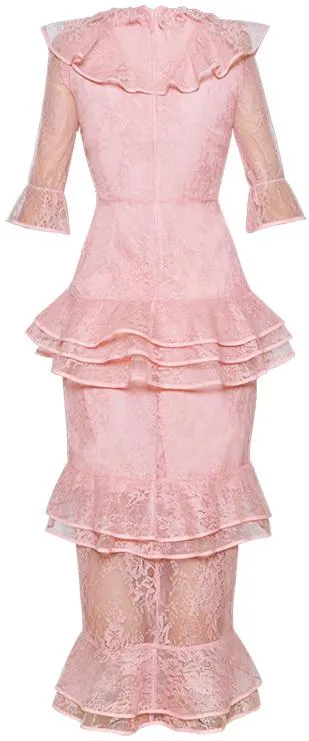 Lace Ruffle Midi Dress, Pink