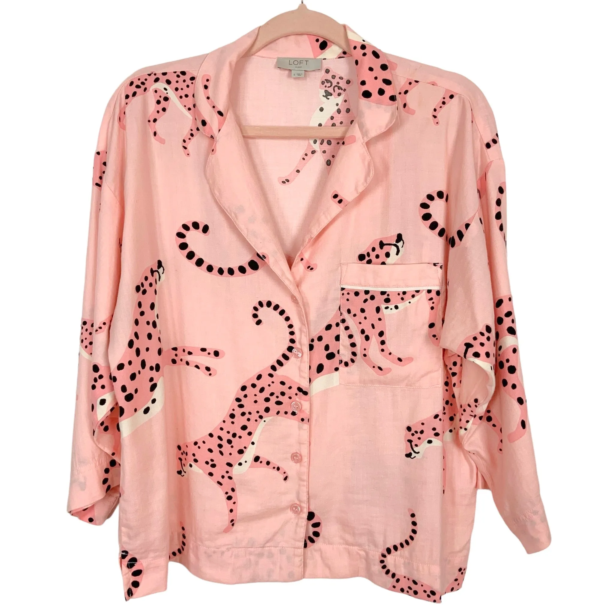 Loft Sleep Pink Cheetah Print Button Up Pajama Top- Size S (top only)