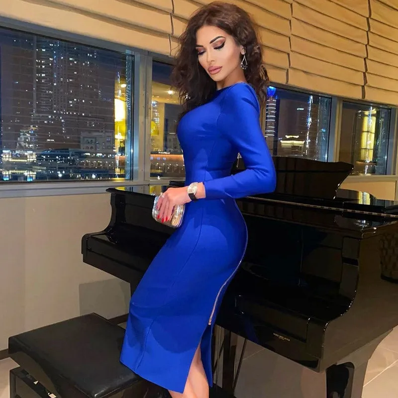 Long Sleeve Zip Back Slit Bodycon Bandage Midi Dress - Blue