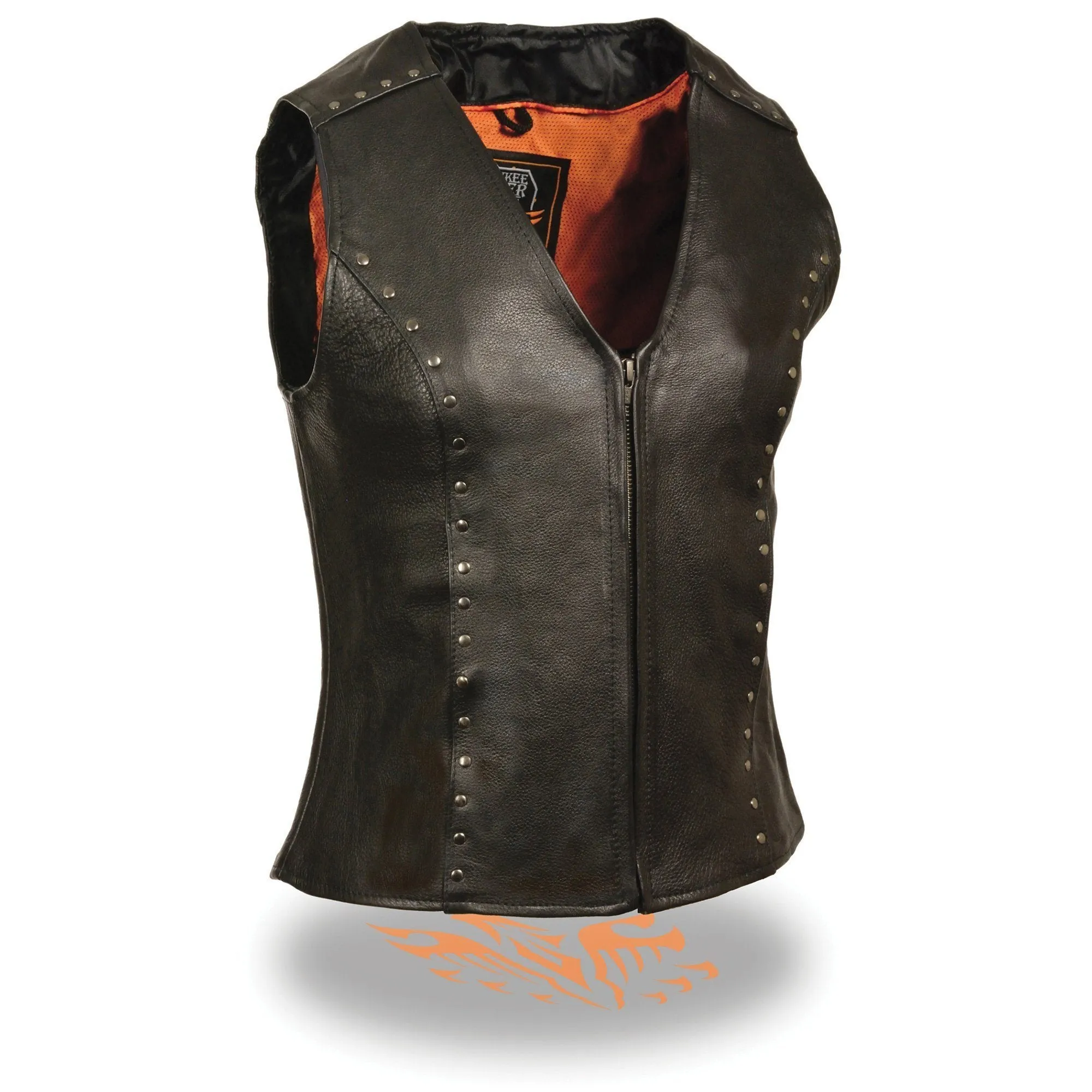 Milwaukee Leather ML2078 Women's Black Naked Leather Motorcycle Rider Vest- Studding Detail with Front Zip Closure