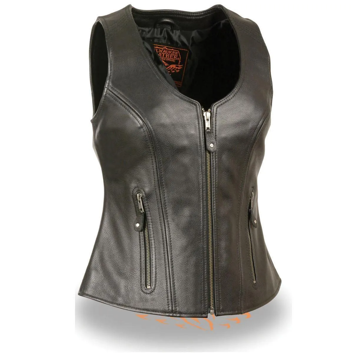 Milwaukee Leather Women's Open Neck Front Zipper Black Leather Vest with Gun Pockets