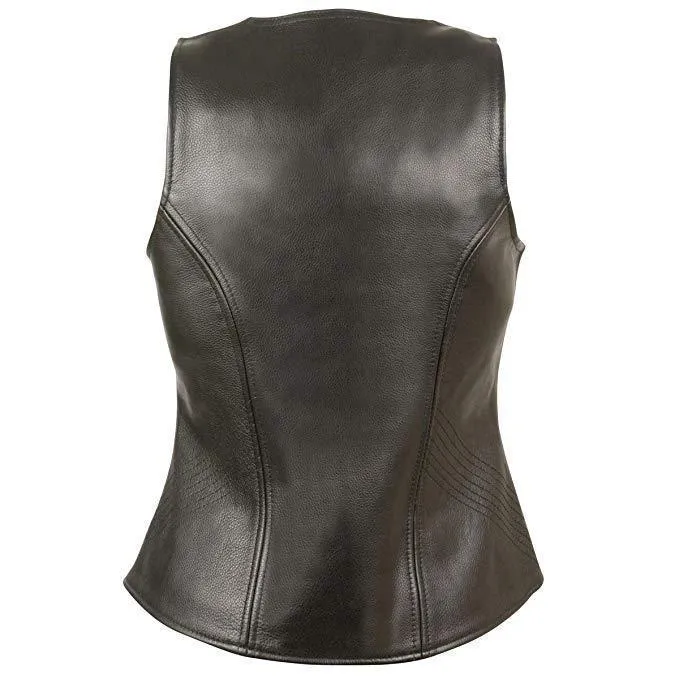 Milwaukee Leather Women's Open Neck Front Zipper Black Leather Vest with Gun Pockets