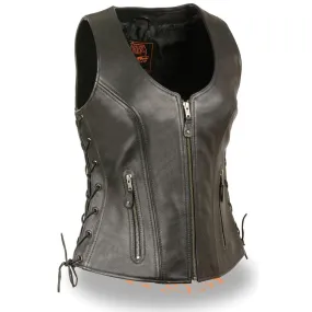 Milwaukee Leather Women's Open Neck Side Lace Front Zipper Black Leather Vest with Gun Pockets