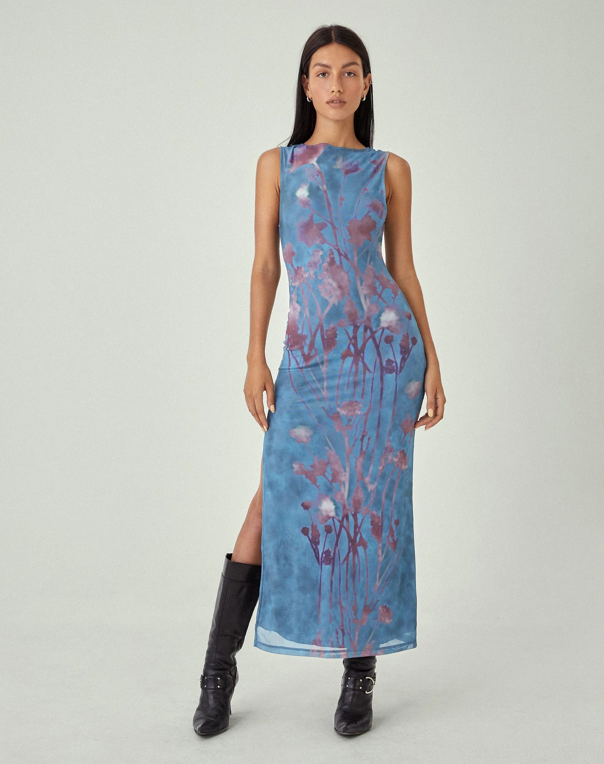 MOTEL X JACQUIE Flo Midi Dress in Lumen Mesh Blue