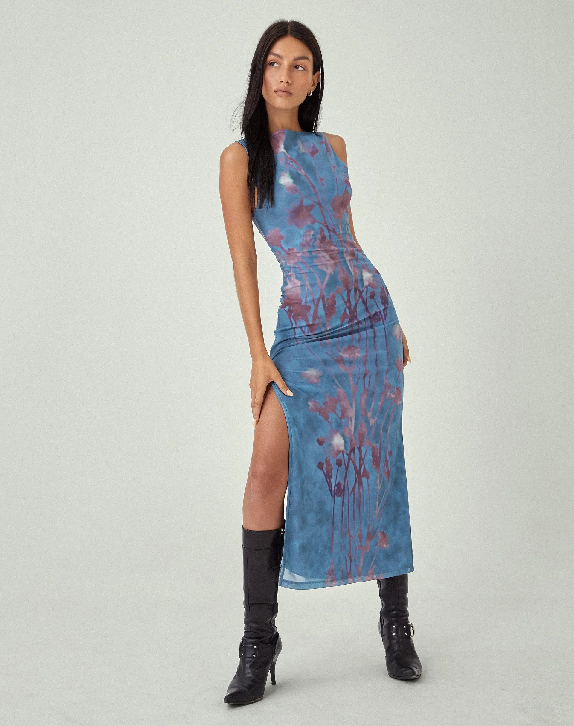 MOTEL X JACQUIE Flo Midi Dress in Lumen Mesh Blue