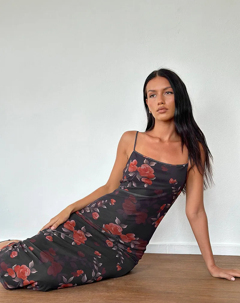 Nori Midi Dress in Watercolour Rose Black