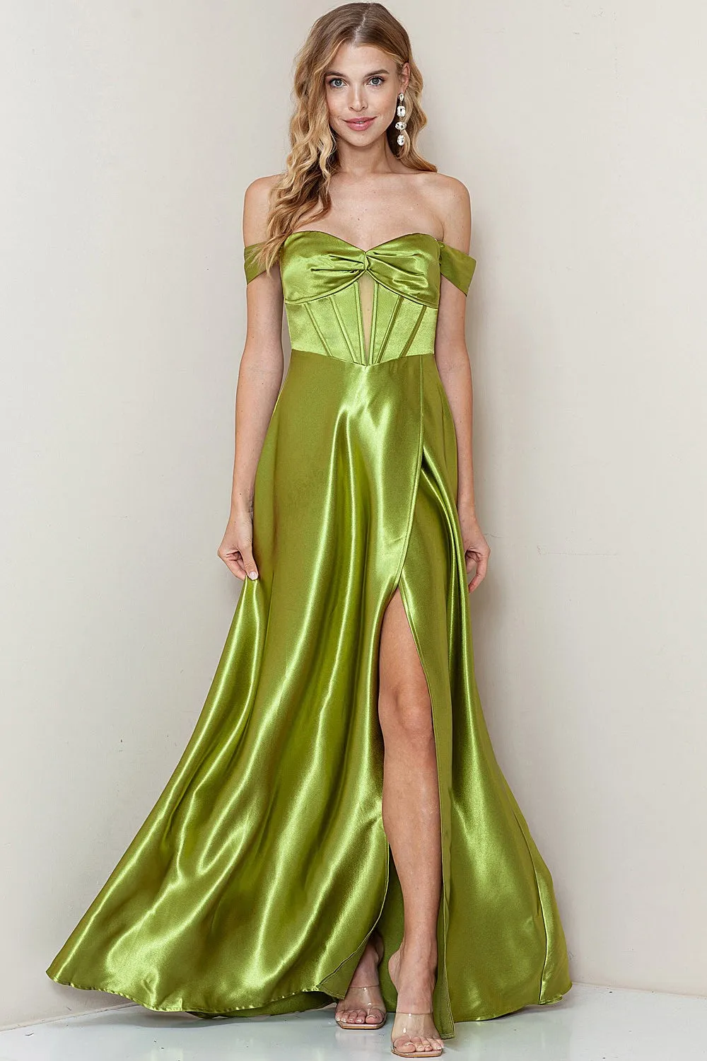 Olive Off Shoulder Corset Shiny Satin Slit Maxi Dress