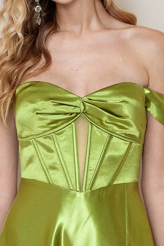 Olive Off Shoulder Corset Shiny Satin Slit Maxi Dress